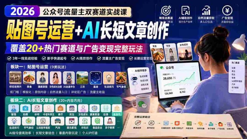 (20153期)公众号流量主双赛道实战课:贴图号运营+AI长短文章创作,覆盖20+热门赛道与广告变现完整玩法-一起发