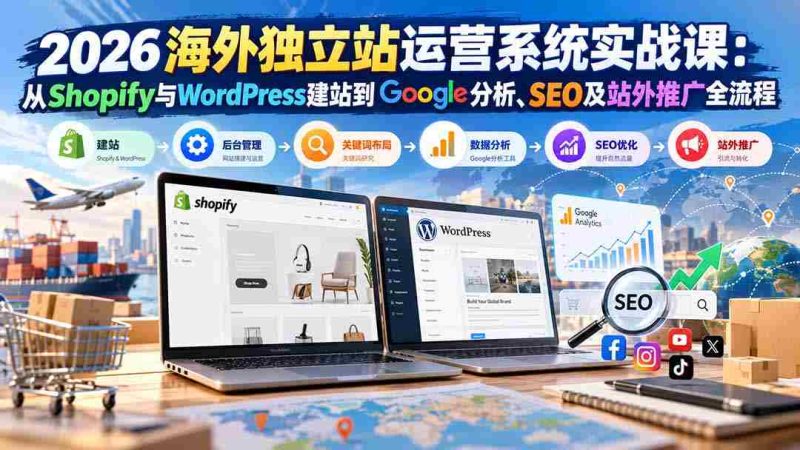 2026海外独立站运营系统实战课:从Shopify与WordPress建站到Google分析、SEO及站外推广全流程-一起发