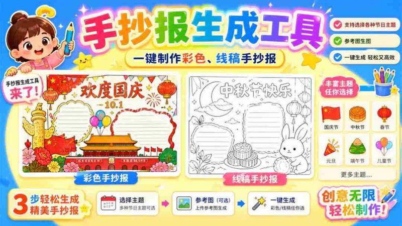 (20265期)手抄报批量生成工具来了,完全免费,告别豆包生图,这个高清无水印-一起发