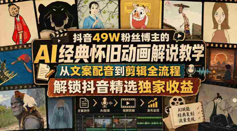 抖音49W粉丝博主的AI经典怀旧动画解说教学，从文案配音到剪辑全流程，解锁抖音精选独家收益-一起发