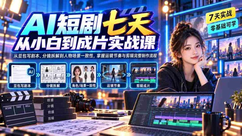 (20329期)AI短剧七天从小白到成片实战课:从豆包写剧本、分镜拆解到人物场景一致性,掌握运镜节奏与剪辑完整制作流程-一起发