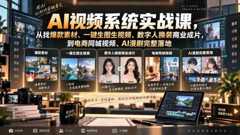 AI视频系统实战课,从找爆款素材、一键生图生视频、数字人换装商业成片,到电商同城视频、AI漫剧完整落地-一起发