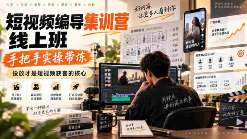 短视频编导集训营线上班,手把手实操带冻,投放才是短视频获客的核心-一起发