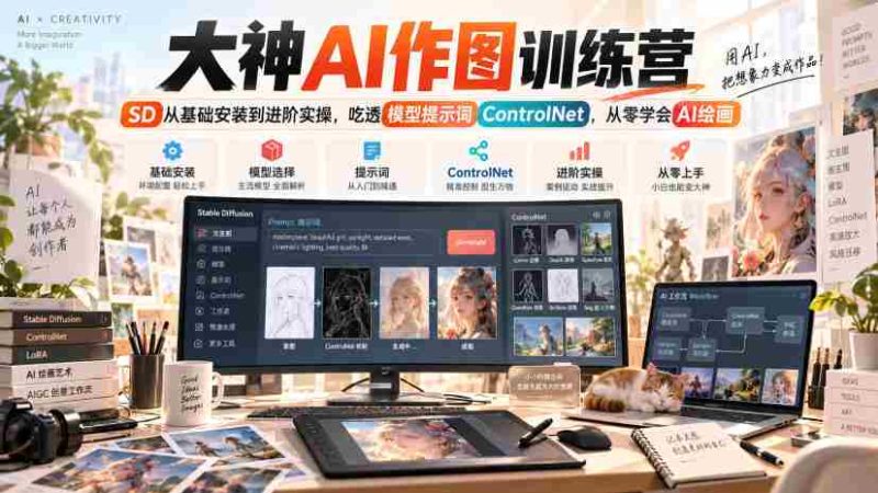 大神AI作图训练营,SD从基础安装到进阶实操,吃透模型提示词ControlNet,从零学会AI绘画-一起发