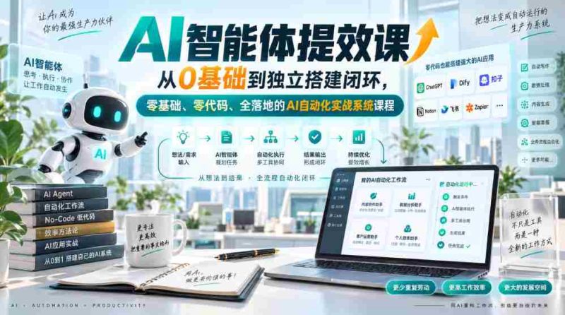 AI智能体提效课,从0基础到独立搭建闭环,零基础、零代码、全落地的AI自动化实战系统课程-一起发