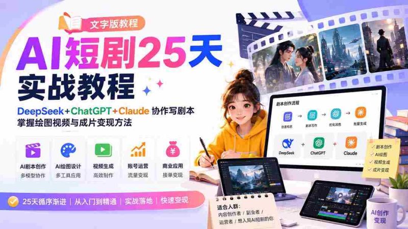 (20225期)AI短剧25天实战教程(文字版教程):DeepSeek+ChatGPT+Claude协作写剧本,掌握绘图视频与成片变现方法-一起发