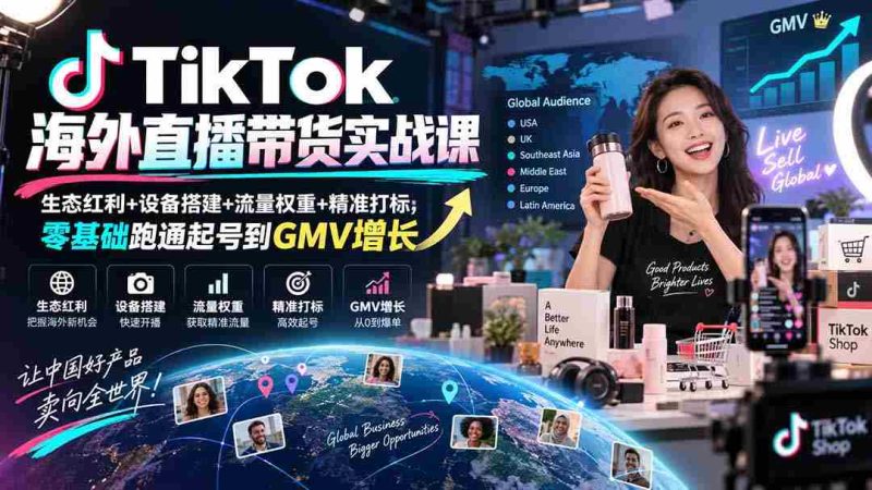 TikTok海外直播带货实战课|生态红利+设备搭建+流量权重+精准打标,零基础跑通起号到GMV增长-一起发