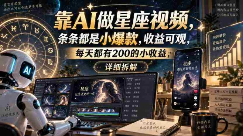 靠AI做星座视频，条条都是小爆款，收益可观，每天都有200的小收益，详细拆解-一起发