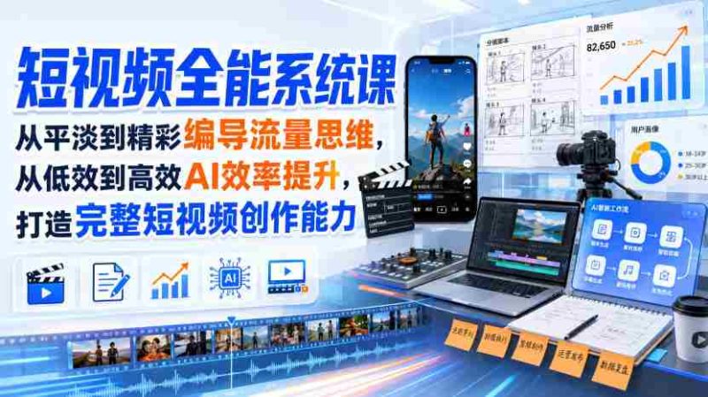 短视频全能系统课,从平淡到精彩编导流量思维,从低效到高效AI效率提升,打造完整短视频创作能力(2026年8月30更新233集)-一起发