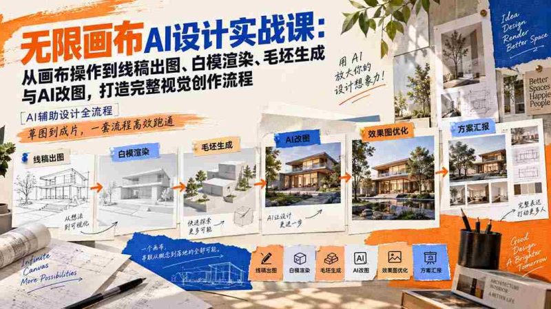【无水印】无限画布AI设计实战课-更新:从画布操作到线稿出图、白模渲染、毛坯生成与AI改图,打造完整视觉创作流程-一起发