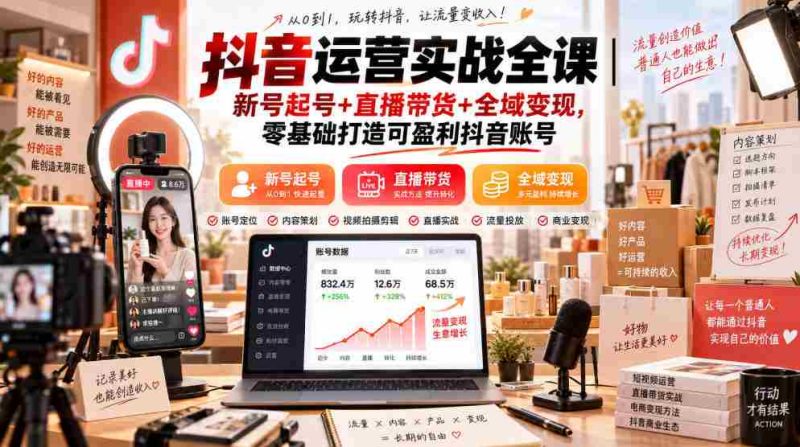 抖音运营实战全课|新号起号+直播带货+全域变现,零基础打造可盈利抖音账号-一起发