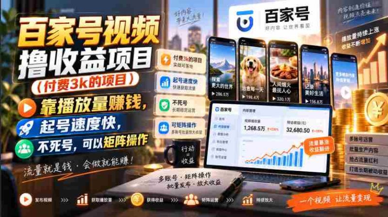 百家号视频撸收益项目(付费3k的项目),靠播放量賺钱,起号速度快,不死号,可以矩阵操作-一起发