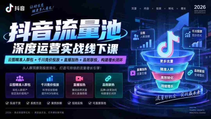 抖音流量池深度运营实战线下课|云图精准人群包+千川竞价投放+直播加热+品效联投,构建增长闭环-一起发