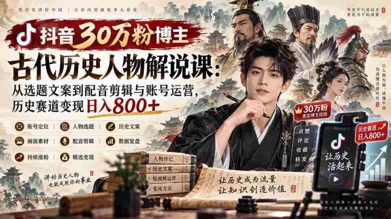 抖音30万粉博主古代历史人物解说课:从选题文案到配音剪辑与账号运营,历史赛道变现日入800+-一起发