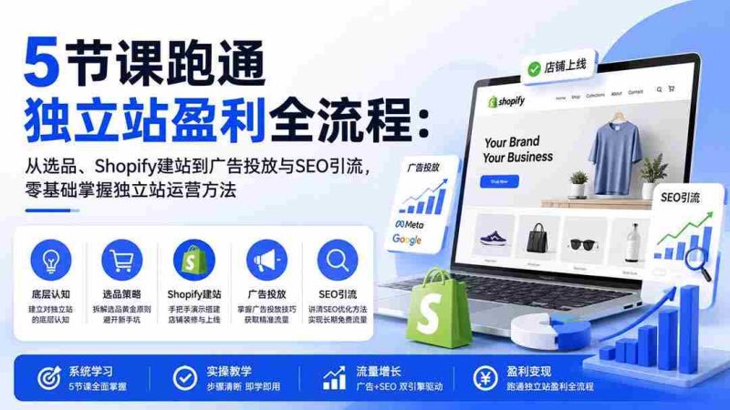 (20216期)5节课跑通独立站盈利全流程:从选品、Shopify建站到广告投放与SEO引流,零基础掌握独立站运营方法-一起发