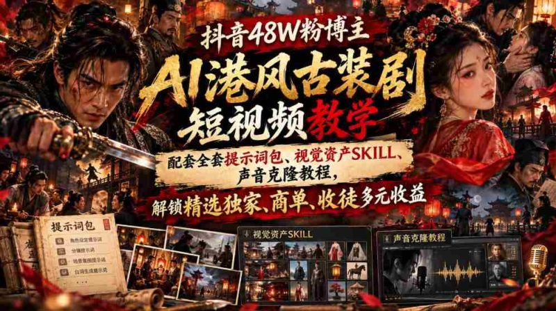 揭秘抖音48万粉丝博主AI港风古装剧短视频制作秘籍:附赠提示词包、视觉素材技巧、声音克隆指南,畅享精选收益、商业合作、收徒多重盈利-一起发