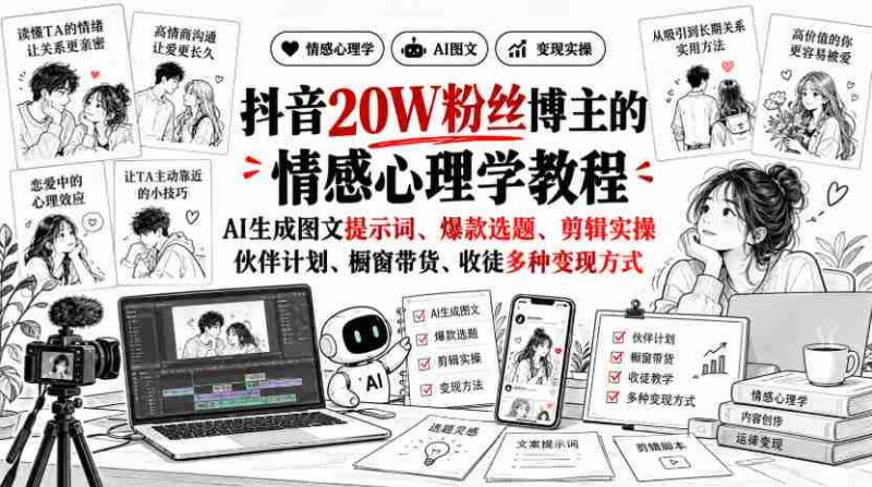揭秘抖音20万粉丝达人:深度解析情感心理学课程,AI打造图文攻略、热门选题、剪辑技巧,全方位解析伙伴计划、橱窗销售、收徒赚钱多途径-一起发