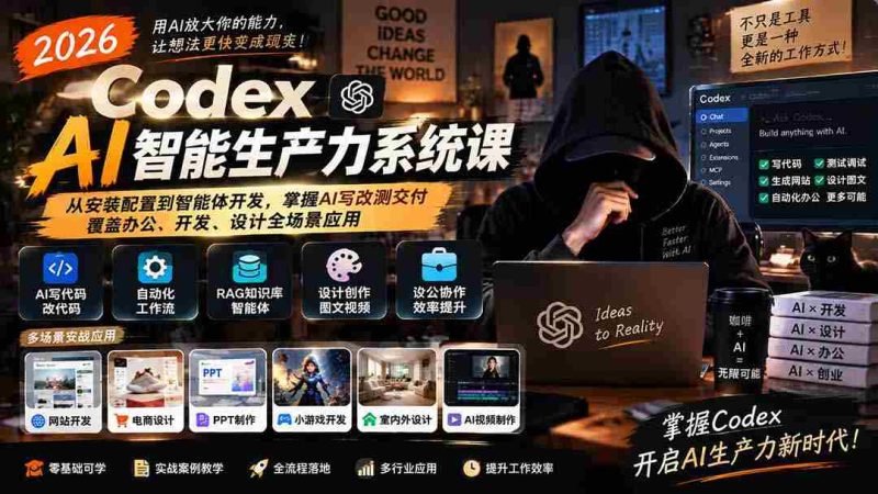 2026年Codex AI智能生产力课程升级版:全方位学习AI技术,从安装到开发,精通AI写作、修改、测试与交付,适用办公、开发、设计各领域-一起发