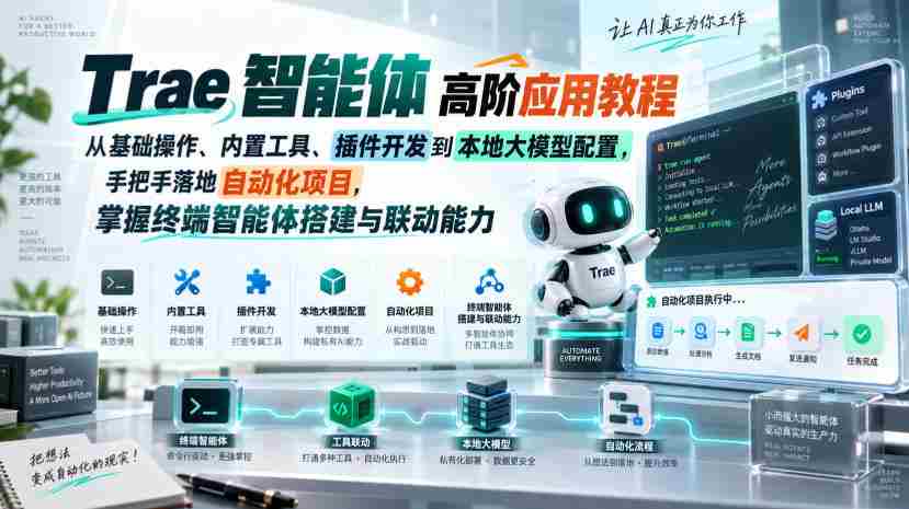 Trae智能体高阶应用教程，从基础操作、内置工具、插件开发到本地大模型配置，手把手落地自动化项目-一起发