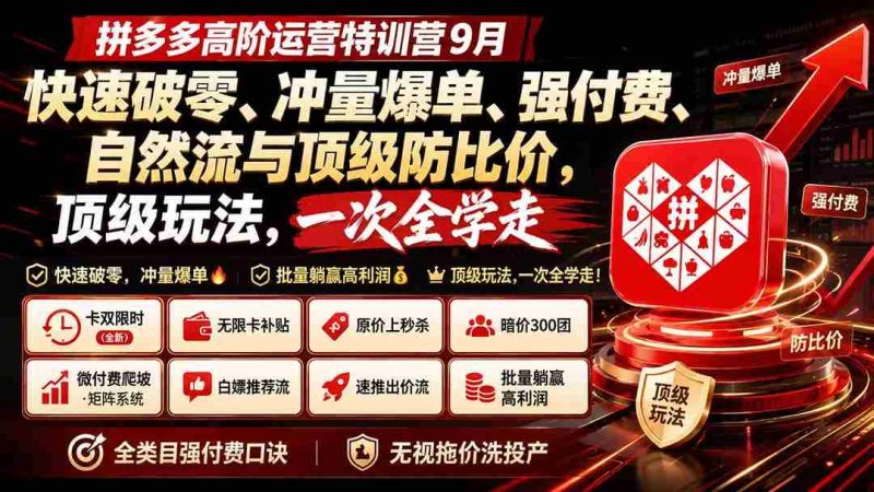 (20155期)拼多多高阶运营特训营9月:快速破零、冲量爆单、强付费、自然流与顶级防比价, 顶级玩法,一次全学走-一起发