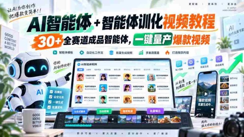 全新AI智能助手与智能训练教程,涵盖30余赛道成品智能体,轻松打造爆款视频一键量产-一起发