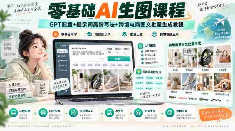 零基础AI生图课程,GPT配置+提示词高阶写法+跨境电商图文批量生成教程-一起发