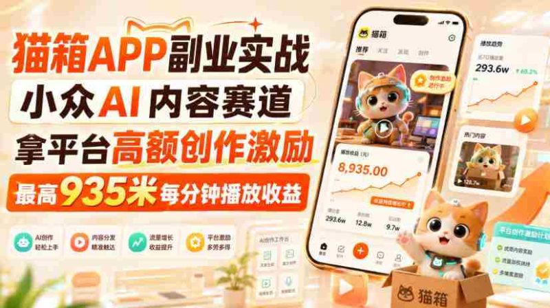猫箱APP副业实战,小众AI内容赛道,拿平台高额创作激励,最高935米每分钟播放收益-一起发