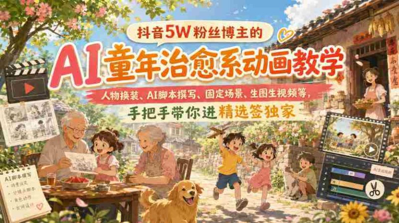 抖音5W粉丝博主的AI童年治愈系动画教学,人物换装、AI脚本撰写、固定场景、生图生视频等,手把手带你进精选签独家-一起发