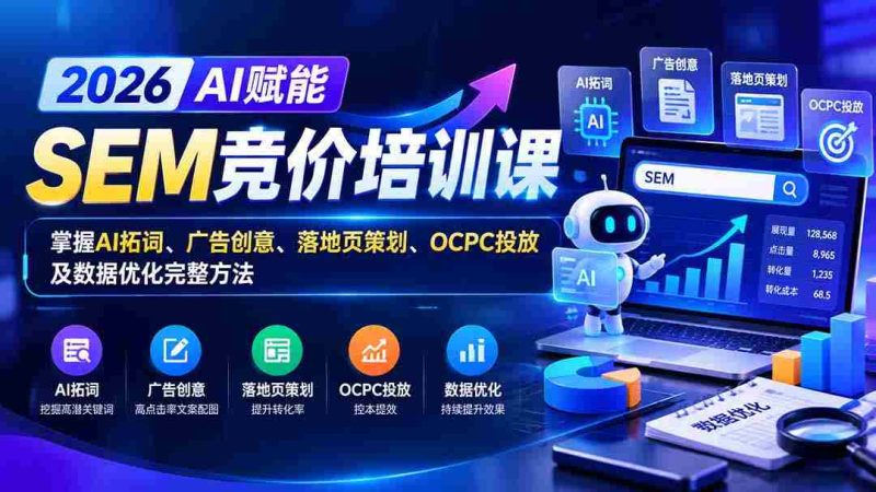 2026AI加持SEM竞价实战课程:全解析AI关键词拓展、广告构思、着陆页策略、OCPC投放与数据精细化处理技巧-一起发