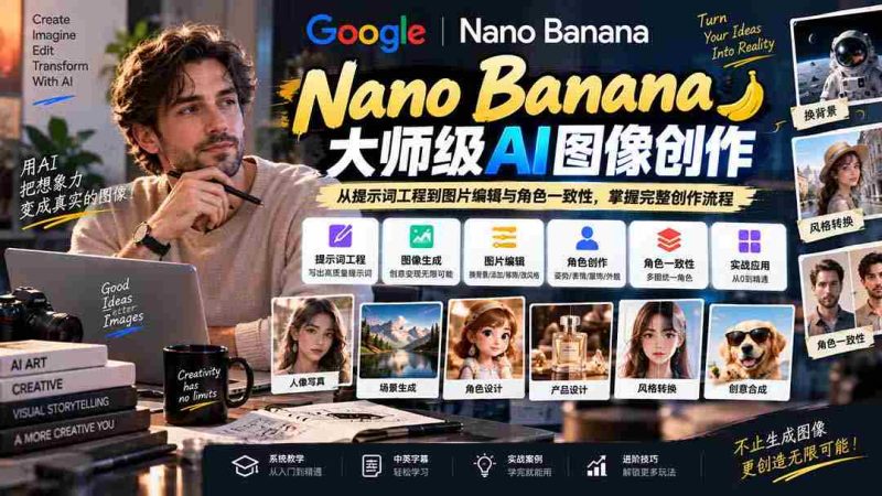 【无水印】Nano Banana大师级AI图像实战课:从提示词工程到图片编辑与角色一致性,掌握完整创作流程-一起发