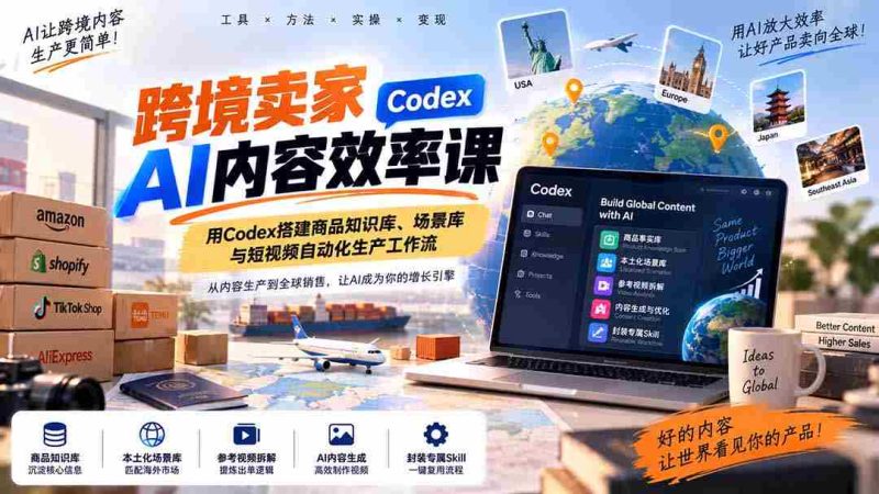 跨境卖家AI内容效率课:用Codex搭建商品知识库、场景库与短视频自动化生产工作流-一起发
