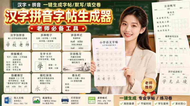 学习神器,汉字拼音字帖生成器,汉字+拼音 一键生成字帖/默写/填空卷,支持词组、成语,老师、家长必备-一起发