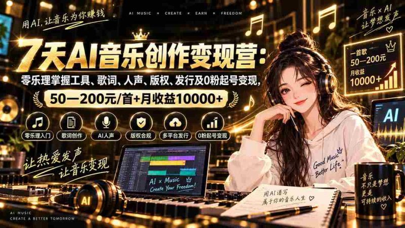 AI音乐创作变现营:零乐理掌握工具、歌词、人声、版权、发行及0粉起号变现,50—200元/首+月收益10000+-一起发