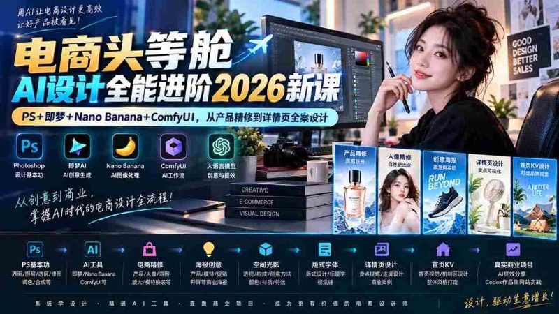 (20284期)电商头等舱AI设计全能进阶2026新课:PS+即梦+Nano Banana+ComfyUI,从产品精修到详情页全案设计-一起发