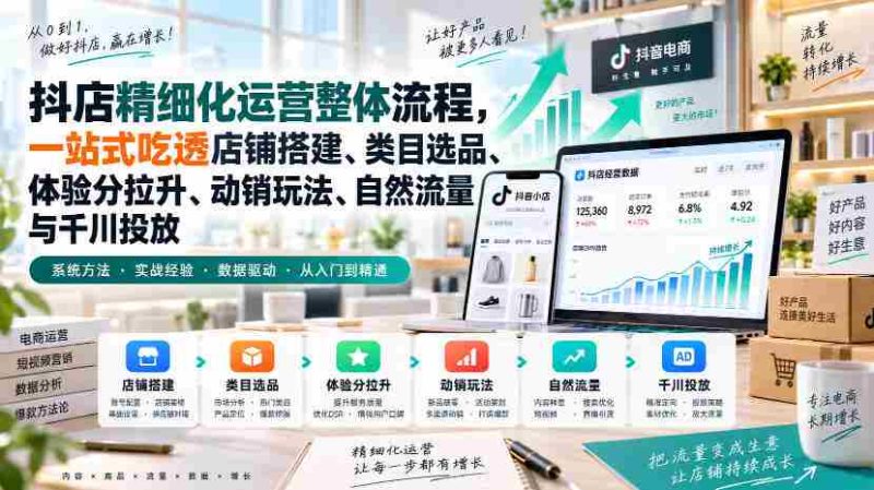 李哥电商-抖店精细化运营整体流程,一站式吃透店铺搭建、类目选品、体验分拉升、动销玩法、自然流量与千川投放-一起发