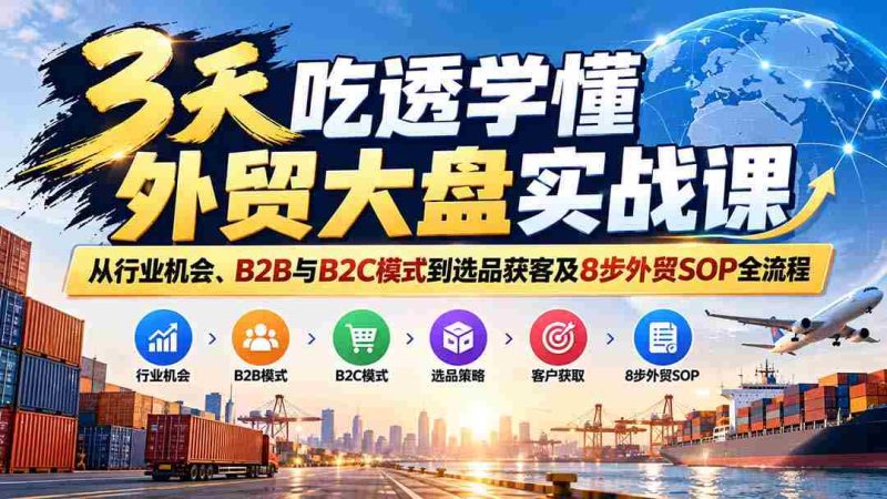 仅需三天,外贸实战课程助你精通行业机遇与B2B、B2C策略,精选产品与客户,掌握8步外贸操作流程精髓-一起发