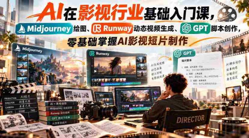 【无水印】AI在影视行业基础入门课,Midjourney绘图、Runway动态视频生成、GPT脚本创作,零基础掌握AI影视短片制作-一起发