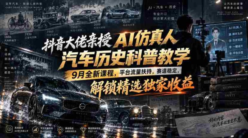 抖音大佬亲授AI仿真人汽车历史科普教学,9月全新课程,平台流量扶持,赛道稳定,解锁精选独家收益-一起发