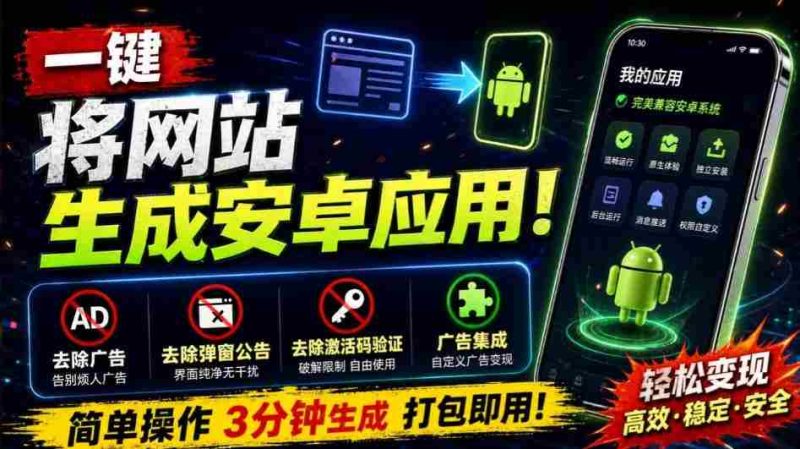 目前最好用,一键将网站生成安卓应用!支持去除广告、弹窗公告、激活码验证、广告集成等web-to-app-一起发