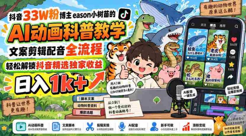 揭秘抖音热门博主eason小树苗:AI动画教学全攻略,文案剪辑配音一网打尽,轻松赚取日入过千!-一起发