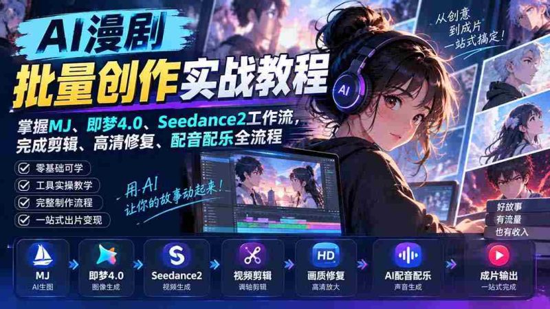 AI漫剧批量创作实战教程:掌握MJ、即梦4.0、Seedance2工作流,完成剪辑、高清修复、配音配乐全流程-一起发