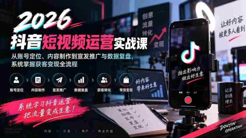 2026抖音短视频运营实战课:从账号定位、内容制作到宣发推广与数据复盘,系统掌握获客变现全流程-一起发