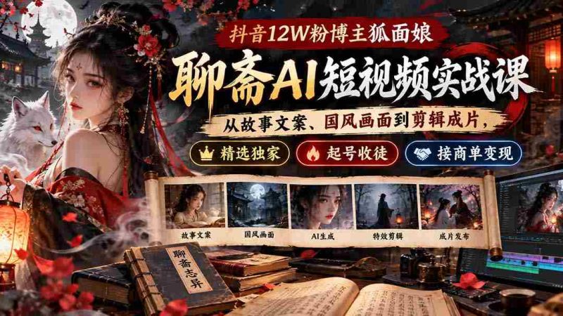 狐面娘抖音12万粉丝博主揭秘:聊斋AI短视频制作全攻略,涵盖文案、国风画面、剪辑技巧,独家教程助你起号收徒,轻松接商单盈利-一起发