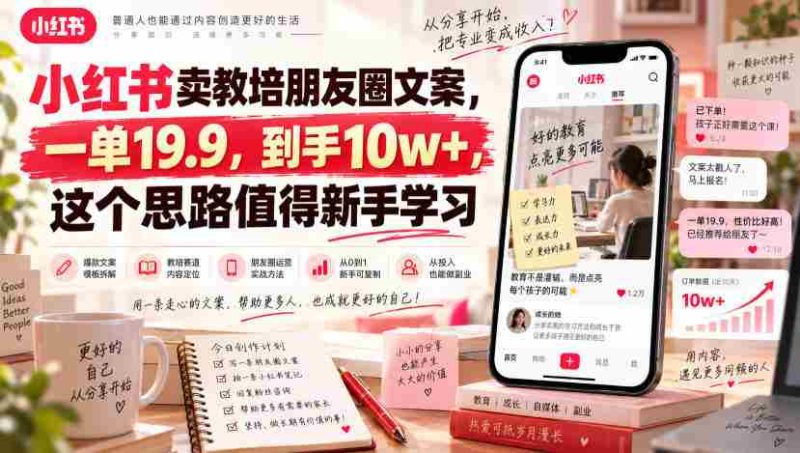 小红书卖教培朋友圈文案,一单19.9,到手10w+,这个思路值得新手学习-一起发