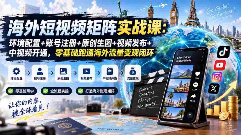 海外短视频矩阵实战课:环境配置+账号注册+原创生图+视频发布+中视频开通,零基础跑通海外流量变现闭环-一起发