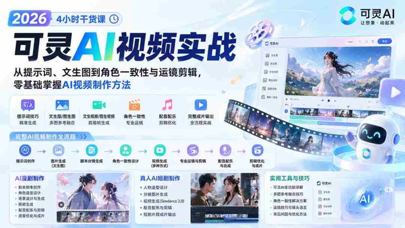 (20136期)2026可灵AI视频实战-4小时干货课:从提示词、文生图到角色一致性与运镜剪辑,零基础掌握AI视频制作方法-一起发