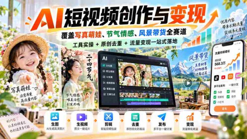 探索AI短视频全领域创作与盈利,涵盖萌娃写真、节气情感、风光带货,一网打尽工具应用、原创去重、流量变现全攻略-一起发