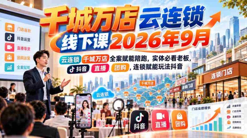 2026年9月千城万店云连锁盛大启航,线上线下课程赋能全面升级,实体老板必学!抖音直播、团购,揭秘云连锁运营精髓-一起发