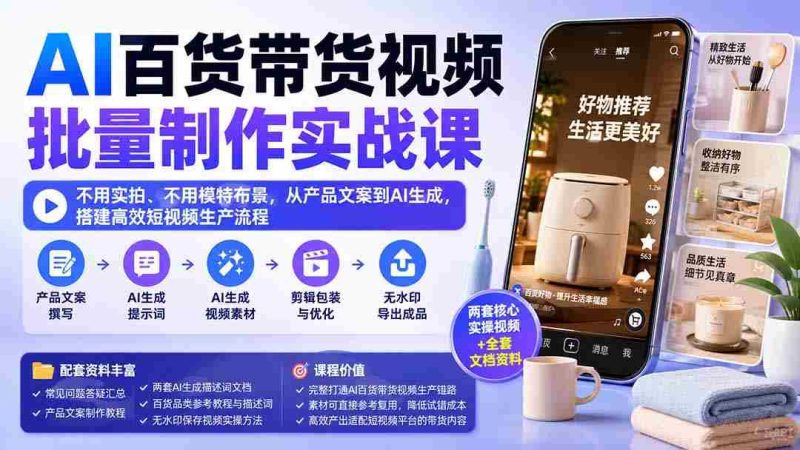 (20179期)AI百货带货视频批量制作实战课:不用实拍、不用模特布景,从产品文案到AI生成,搭建高效短视频生产流程-一起发