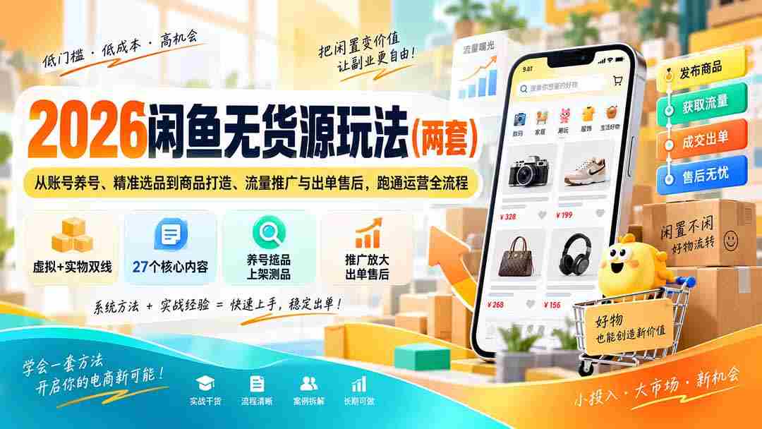 2026闲鱼无货源玩法（两套）：从账号养号、精准选品到商品打造、流量推广与出单售后，跑通运营全流程-一起发